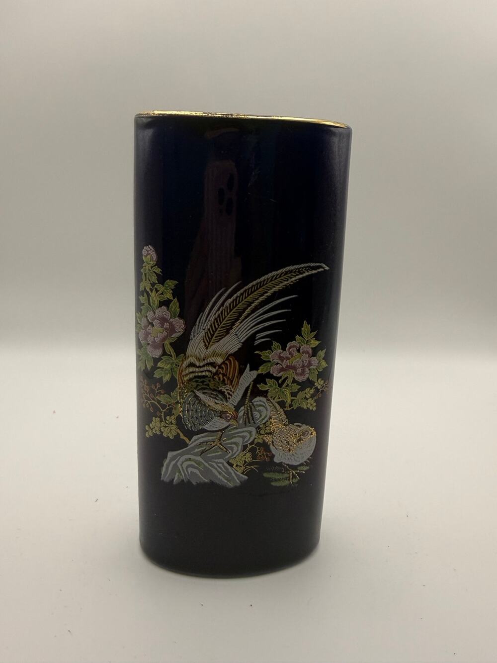 Vintage Japanese Cobalt Blue Porcelain Oval Vase Peacock Floral Gilt Trim Japan